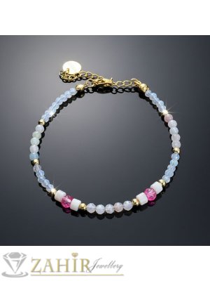 Мега яка гривна за ръка или глезен от естествен бял, розов кварц и аквамарин 3 мм топче и стоманени елементи, закопчалка и удължител - GA3111